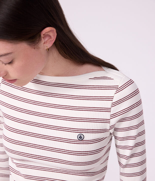 Lang&auml;rmeliges Damen T-Shirt aus Baumwolle mit Offizierskragen und Streifen weiss/rot
