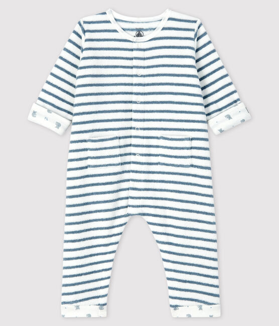 Langer Baby-Overall gestreift aus Bouclé-Frottier weiss MARSHMALLOW/blau ASTRO