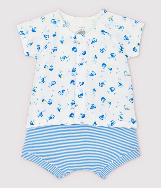 Zweiteiliges Baby-Set aus Bio-Baumwoll-Windelstoff in Blau weiss MARSHMALLOW/weiss MULTICO