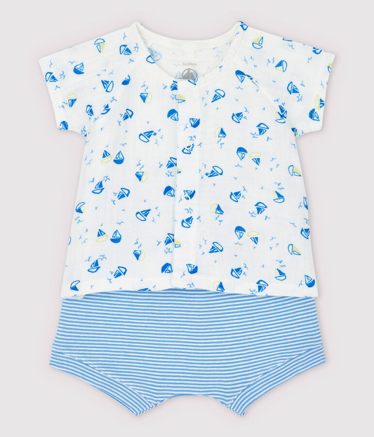 Zweiteiliges Baby-Set aus Bio-Baumwoll-Windelstoff in Blau weiss/vielfarbig