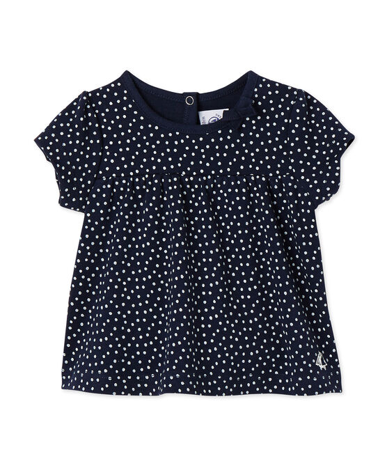 Bedrucktes Baby-Mädchen-T-Shirt blau SMOKING/weiss LAIT