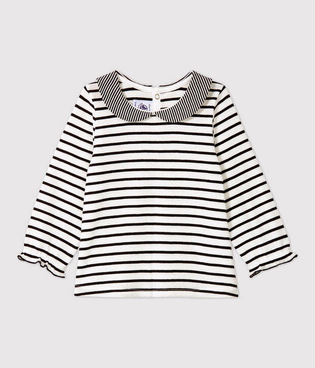 Lang&auml;rmelige Baby-Bluse aus Baumwolle. weiss/blau