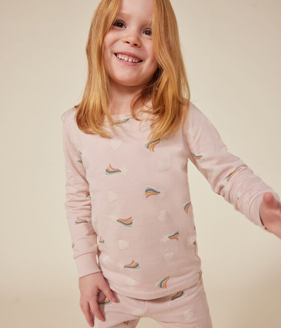 Kinder-Pyjama aus aufgerautem Molton mit Sternen und Herzen rosa SALINE/weiss MULTICO