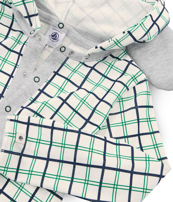 Langer Rippstrick-Overall für Jungen weiss MARSHMALLOW/weiss MULTICO