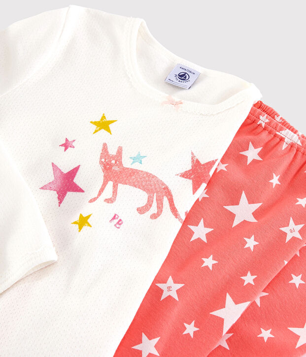 Kinderpyjama aus Baumwolle mit Sternen-Motiv f&uuml;r M&auml;dchen weiss/orange