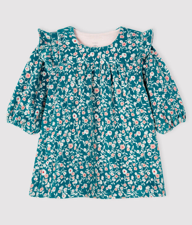 Lang&auml;rmeliges gebl&uuml;mtes Baby-Kleid f&uuml;r M&auml;dchen aus Velours gr&uuml;n/vielfarbig