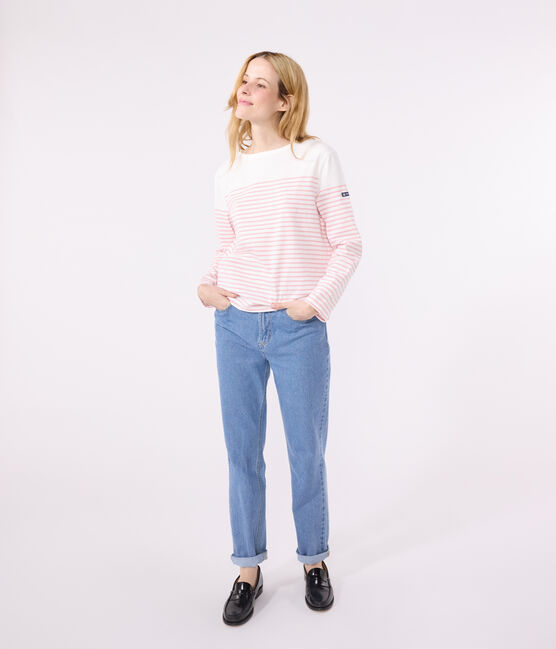 Langärmeliges Damen-T-Shirt "Marinière" aus Baumwolle weiss MARSHMALLOW/rosa CHARME