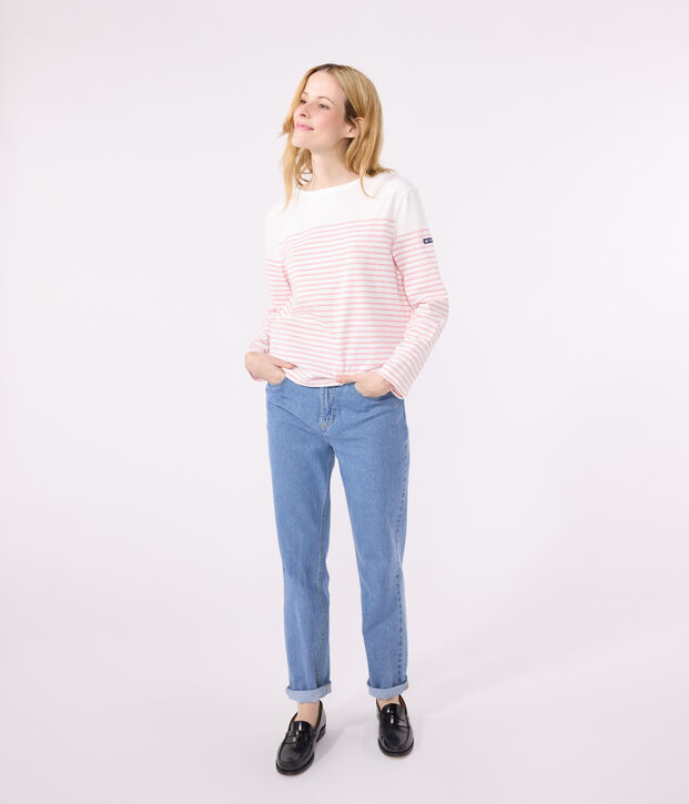 Lang&auml;rmeliges Damen-T-Shirt Marini&egrave;re aus Baumwolle weiss/rosa