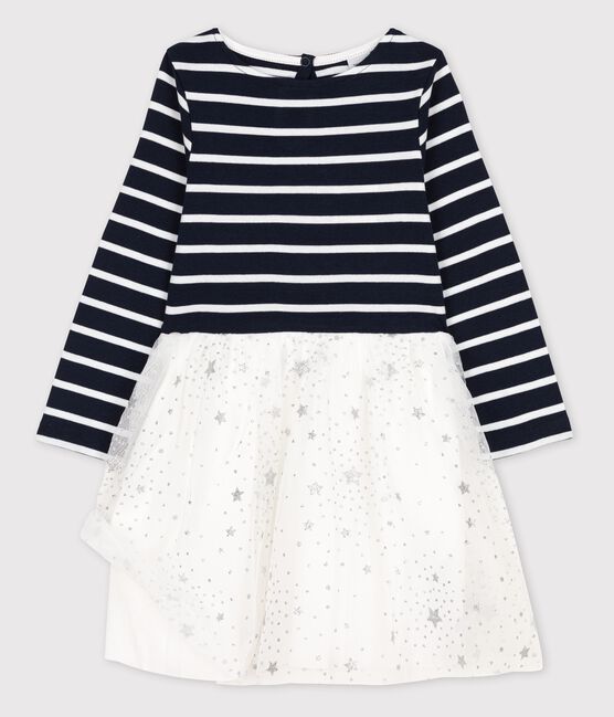 Langärmeliges Kinderkleid aus Baumwolle und Tüll für Mädchen blau SMOKING/weiss MARSHMALLOW