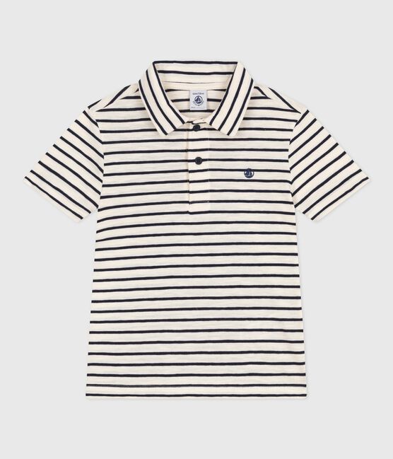 Kurzärmeliges Kinder-Poloshirt aus Baumwolle mit Streifen weiss AVALANCHE/blau SMOKING
