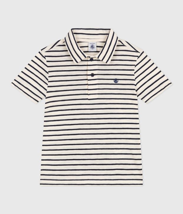 Kurz&auml;rmeliges Kinder-Poloshirt aus Baumwolle mit Streifen naturfarben/blau