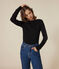 Langärmeliges Damen-T-Shirt L'Iconique aus einfarbigem Rippstrick schwarz BLACK