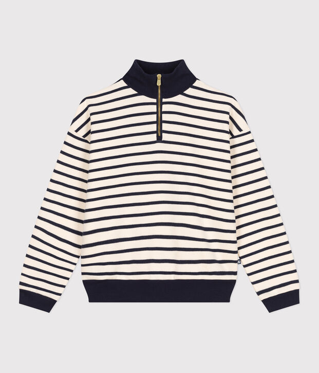 Damen-Sweatshirt mit Rei&szlig;verschluss-Stehkragen aus aufgerautem Molton naturfarben/blau