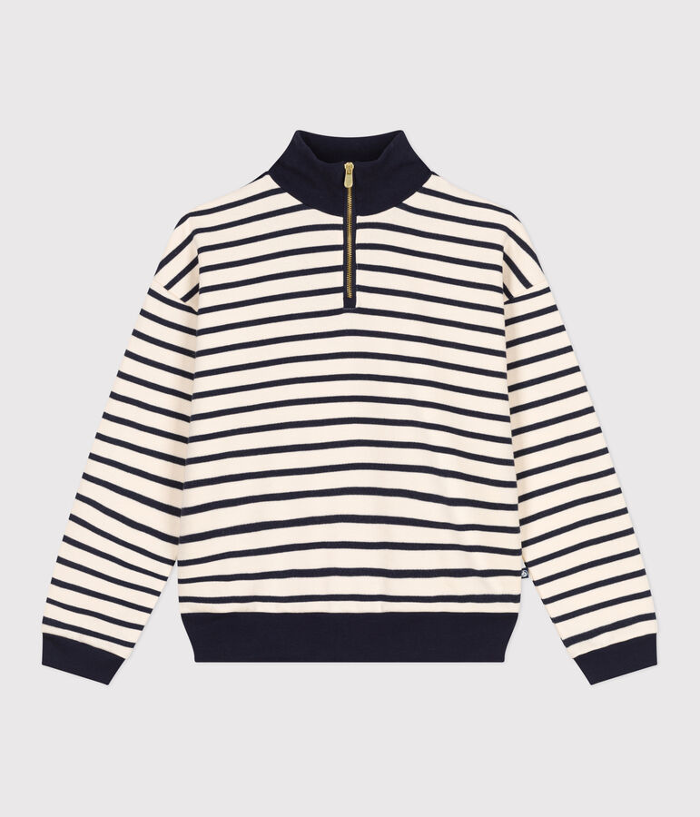 Damen-Sweatshirt mit Rei&szlig;verschluss-Stehkragen aus aufgerautem Molton weiss AVALANCHE/blau SMOKING