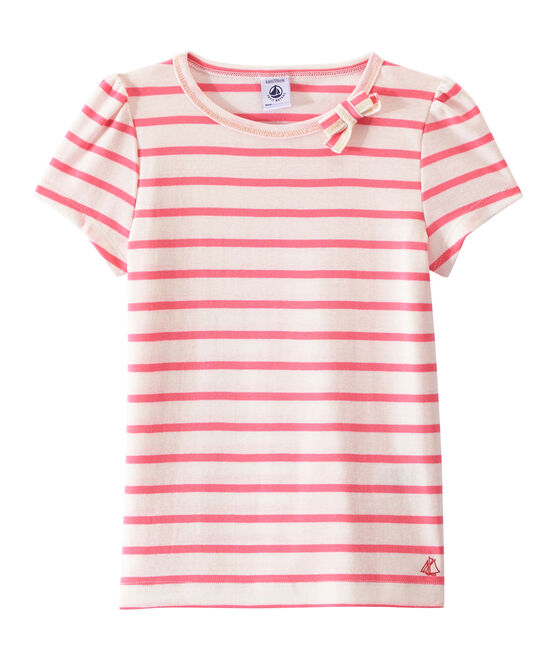 Geringeltes Mädchen-T-Shirt weiss MARSHMALLOW/rosa PETAL