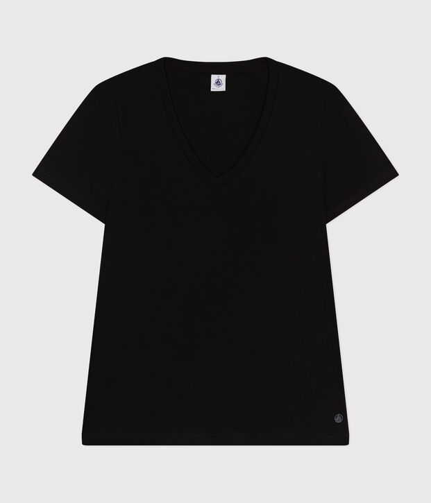 Kurz&auml;rmeliges Damen-T-Shirt Le Droit mit V-Ausschnitt aus feinem Jersey schwarz