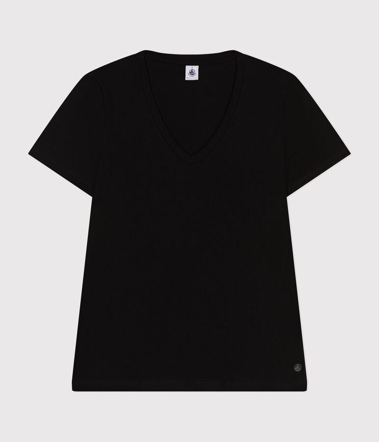 Kurz&auml;rmeliges Damen-T-Shirt Le Droit mit V-Ausschnitt aus feinem Jersey schwarz