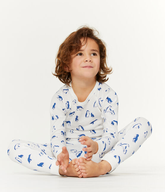 Unisex-Pyjama aus angerautem, extra warmem Bouclé-Frottier weiss MARSHMALLOW/blau MAJOR