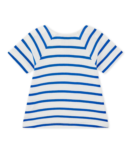 Gestreiftes Baby-Mädchen-Kurzarmshirt weiss MARSHMALLOW/blau PERSE