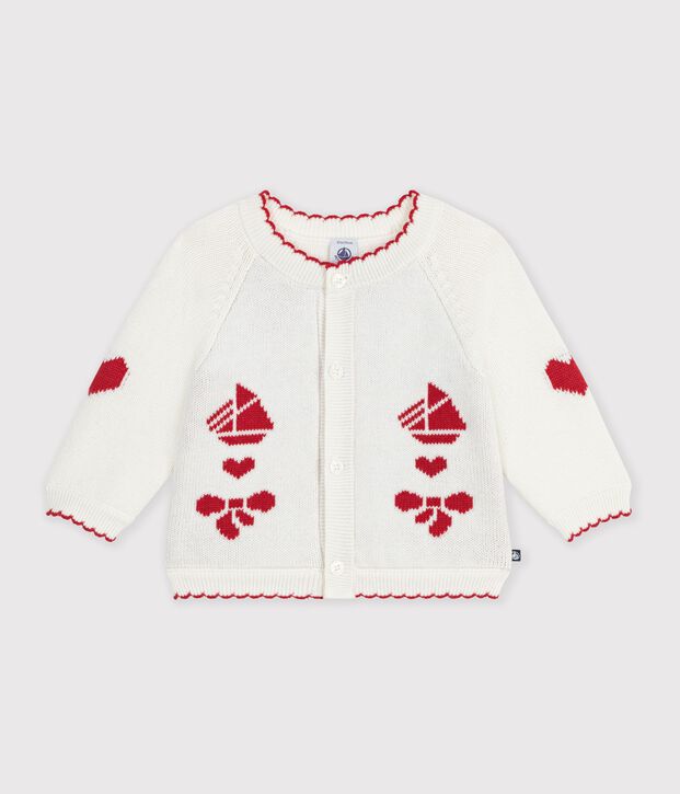 Baby-Cardigan aus Woll- und Baumwollstrick mit Jacquardmuster weiss/rot