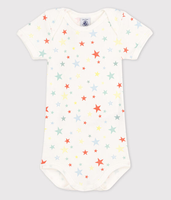 Kurzärmeliger Baby-Body weiss MARSHMALLOW/orange OURSIN
