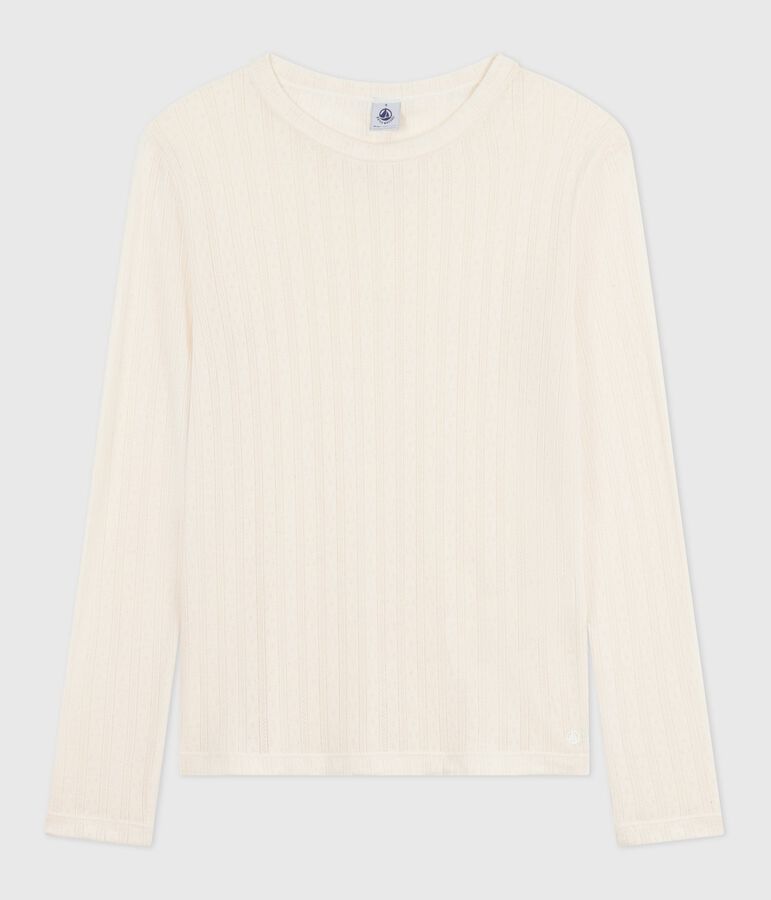 Lang&auml;rmeliges Damen-T-Shirt L&rsquo;Iconique aus Baumwolle mit Lochstickerei naturfarben