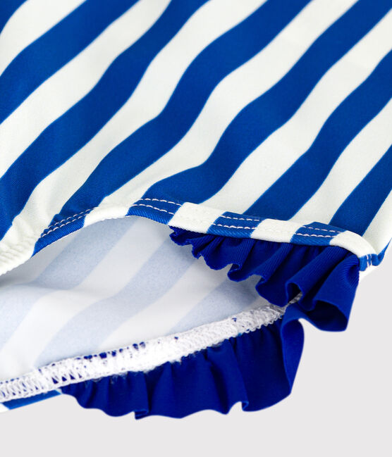 Einteiliger Baby-Badeanzug mit Streifenmuster und Rüschen blau SURF/weiss MARSHMALLOW