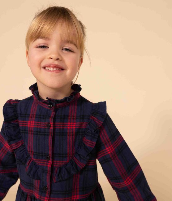 Kinderkleid aus Baumwoll-Flanell mit Karomuster für Mädchen blau SMOKING/weiss MULTICO