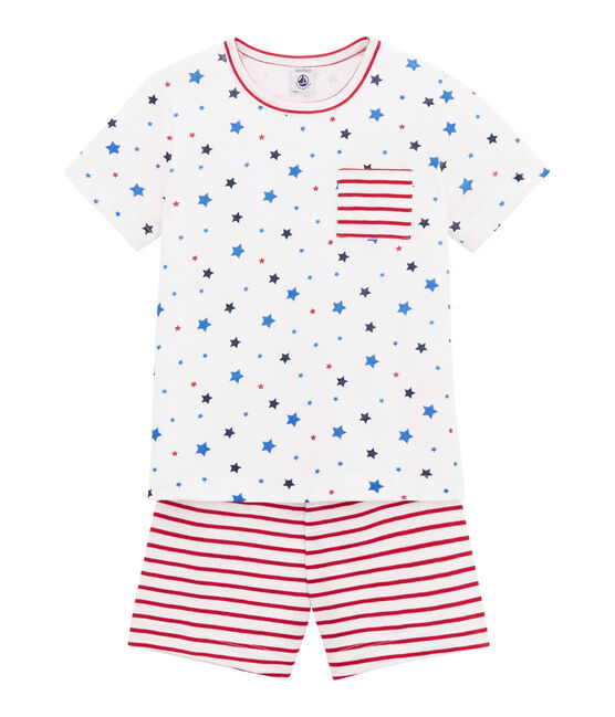 Bedruckter Jungen-Schlafanzug mit Streifen weiss MARSHMALLOW/weiss MULTICO