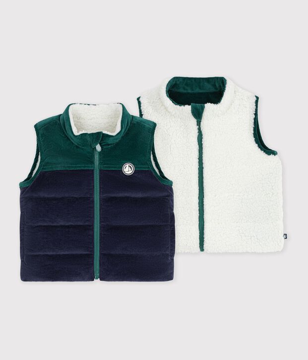 &Auml;rmellose Baby-Winterjacke aus Feincord und Sherpa zum Wenden blau/vielfarbig