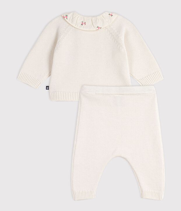 2-teiliges Baby-Set aus Wolle und Baumwolle mit gebl&uuml;mtem R&uuml;schenkragen weiss