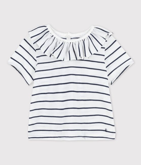 Kurzärmelige Babybluse aus gestreiftem Jersey weiss MARSHMALLOW/blau SMOKING