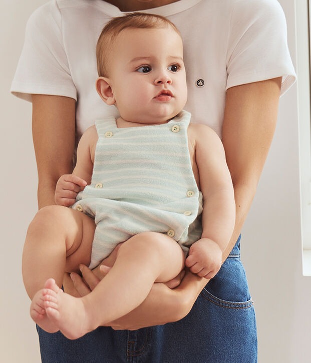 Baby-Kurzoverall aus Baumwollfrottee mit Streifen blau/naturfarben