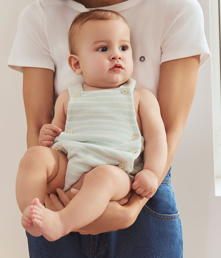 Baby-Kurzoverall aus Baumwollfrottee mit Streifen blau/naturfarben