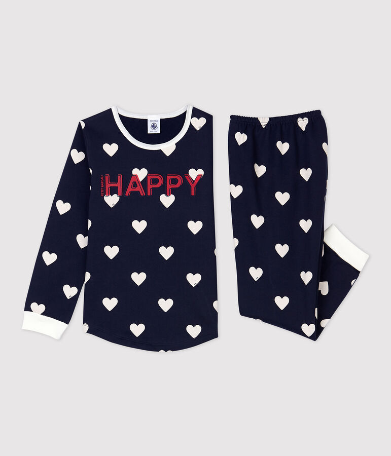 Kinderpyjama aus Molton mit Herzmotiv blau/weiss