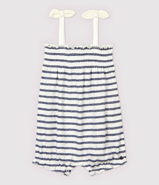 Gestreifter Baby-Kurzoverall aus Baumwolle/Leinen für Mädchen weiss MARSHMALLOW/blau MEDIEVAL