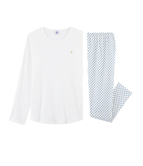 Rippstrick-Pyjama für Mädchen weiss MARSHMALLOW/blau CONTES