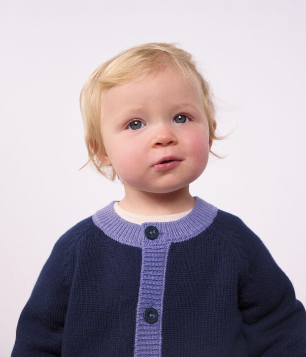 Baby-Cardigan aus Woll- und Baumwollstrick mit Herz-Jacquardmuster blau/vielfarbig