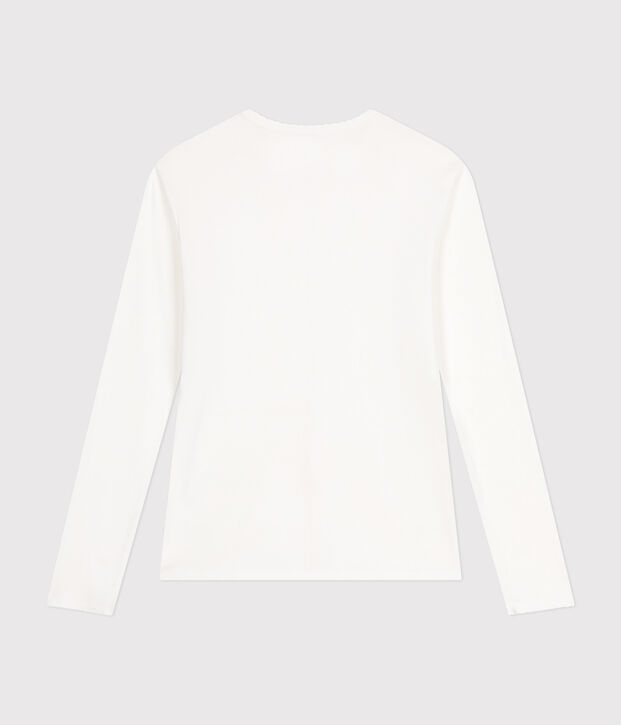 Lang&auml;rmeliges Damen-T-Shirt L'Iconique mit M&auml;usez&auml;hnchenkante aus einfarbigem Rippstrick weiss