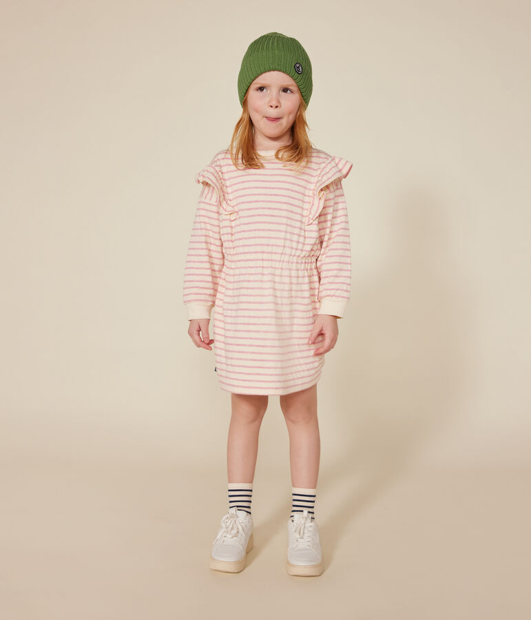 Lang&auml;rmeliges Kinder-Kleid aus Doppeljersey f&uuml;r M&auml;dchen naturfarben/rosa