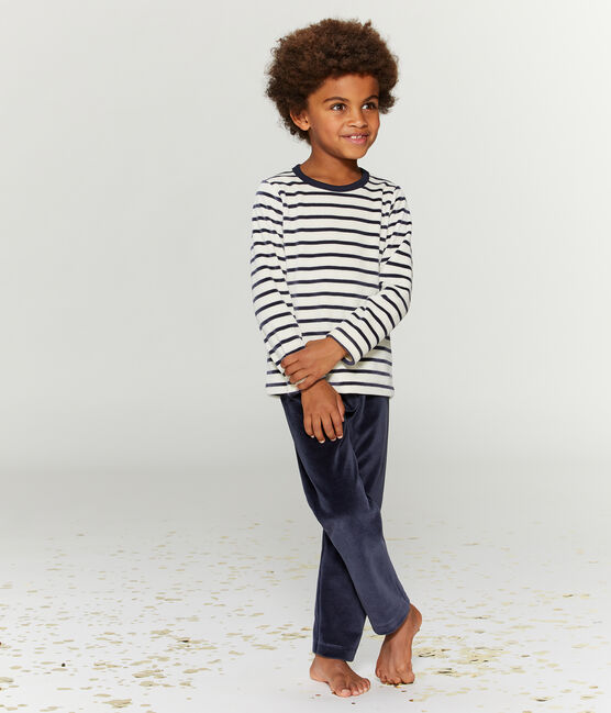 Samt-Pyjama für kleine Jungen blau SMOKING/beige COQUILLE