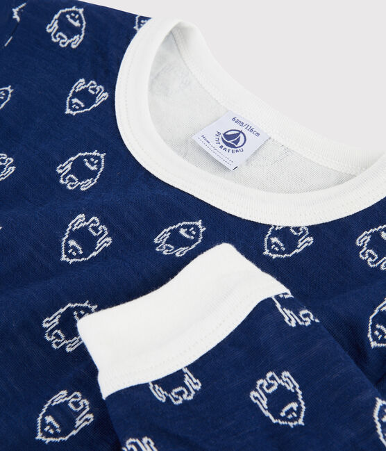 Jacquard-Pyjama mit Yetimotiv aus Wolle/Baumwolle für Jungen blau MEDIEVAL/weiss MARSHMALLOW