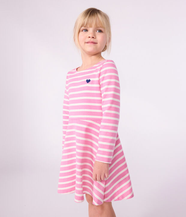 Lang&auml;rmeliges Kinder-Kleid aus Baumwolle rosa/naturfarben