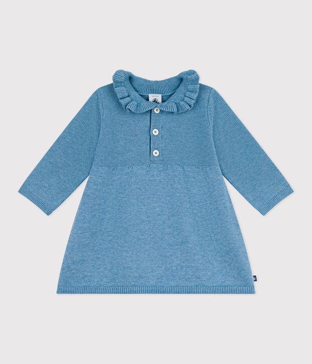 Baby-Kleid aus einfarbiger Wolle und Baumwolle blau