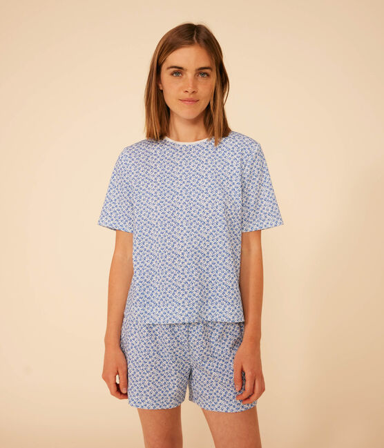 Damen-Pyjama, Shorts und T-Shirt aus Baumwolle mit Blumenmuster blau MARSHMALLOW/ INCOGNITO