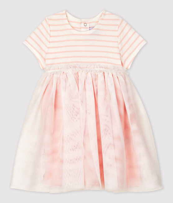 Kurzärmeliges Baby-Kleid für Mädchen weiss MARSHMALLOW/rosa MINOIS