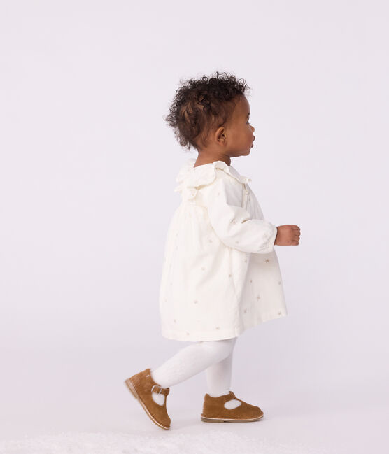 Langärmeliges Baby-Kleid aus Fein-Cord mit Allover-Stickereien naturfarben MILK/ ARGENT