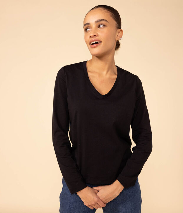 Lang&auml;rmeliges Damen-T-Shirt Le Droit mit V-Ausschnitt aus feinem Jersey schwarz