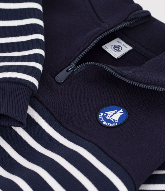 Kinder-Sweatshirt mit Rei&szlig;verschluss-Kragen aus gestreifter Baumwolle blau/weiss