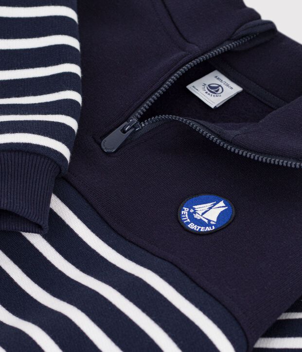 Kinder-Sweatshirt mit Rei&szlig;verschluss-Kragen aus gestreifter Baumwolle blau/weiss